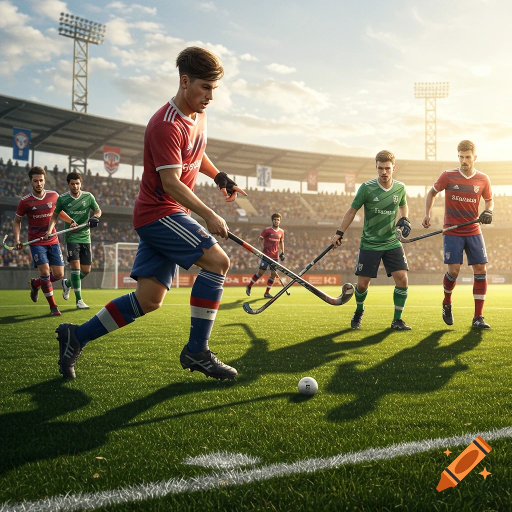 Photorealistic image of male athletes playing field hockey on a grass soccer field in a stadium under a bright sky.
