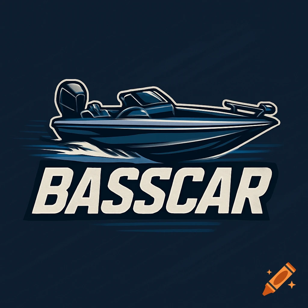 A stylized blue bass boat speeds above the bold white text 'BASSCAR' on a dark blue background.
