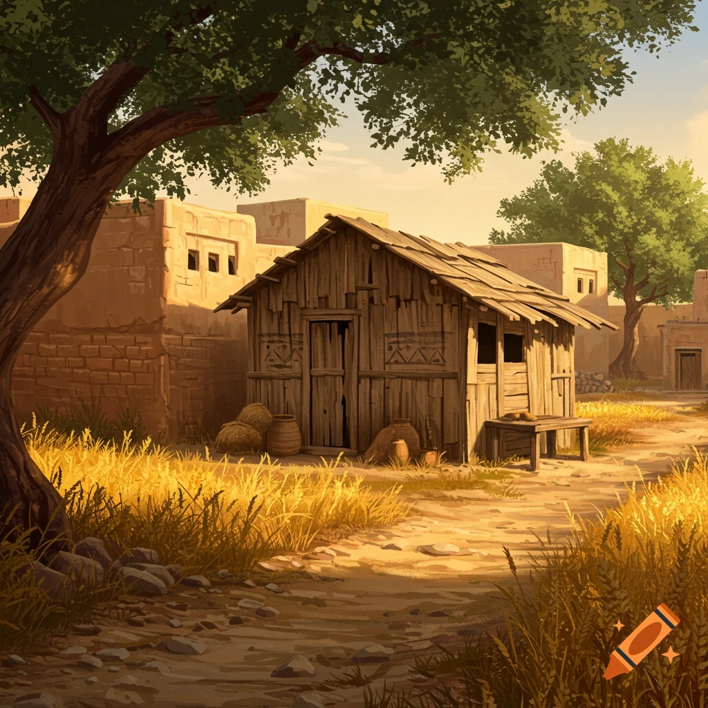 An illustration of a rustic wooden shack and mud-brick buildings in a sunny, dry village with a large tree and golden fields.