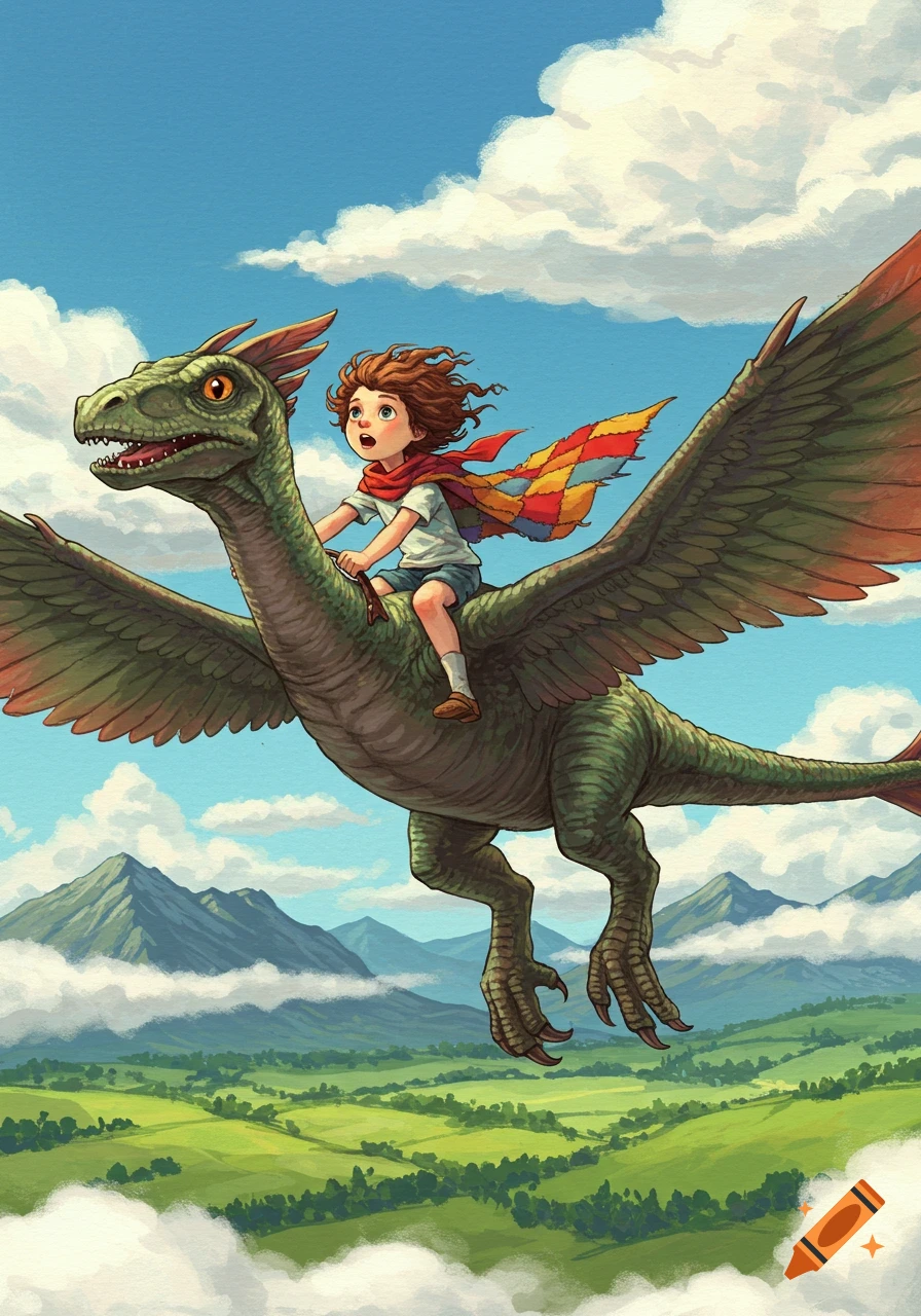A curly-haired boy with a red scarf rides a green winged dinosaur through a cloudy sky above mountains and green fields. Illustration.