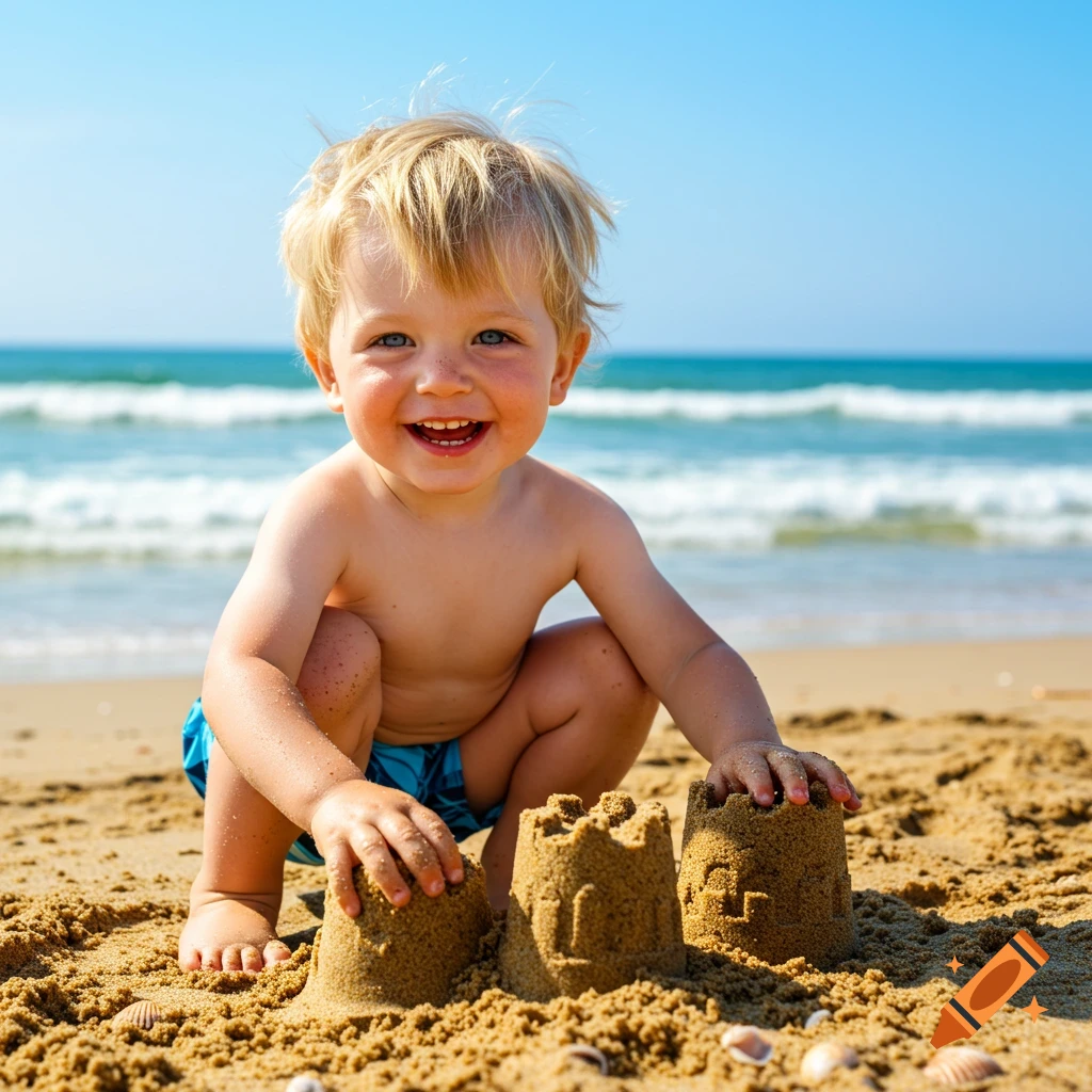 A cute blond boy with blue eyes smiles while playing with sandcastles on a sunny beach.