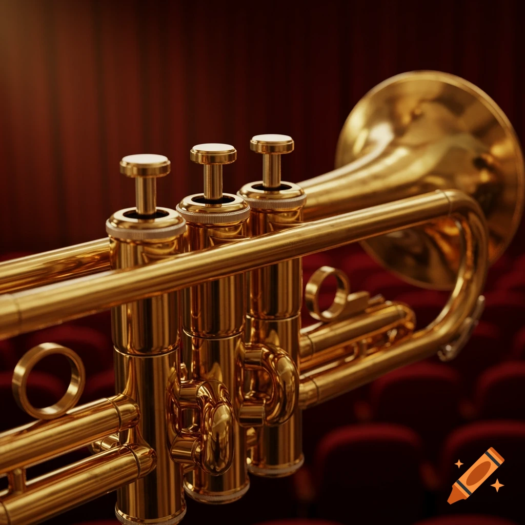 Close-up of a gleaming golden trumpet with its valves visible, against a blurred background of red theater seats.