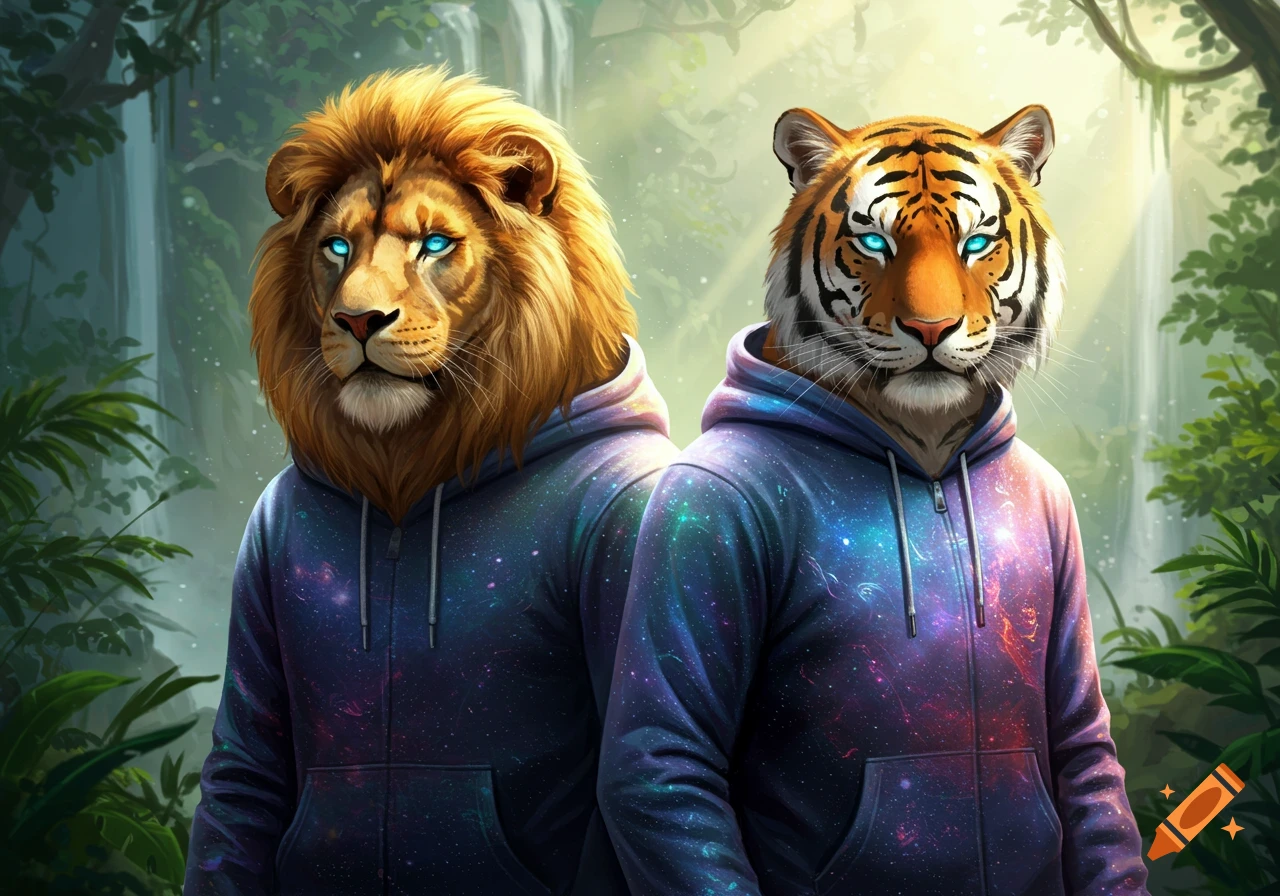 Digital art of a lion and tiger with glowing blue eyes wearing galaxy hoodies in a lush jungle with a waterfall.