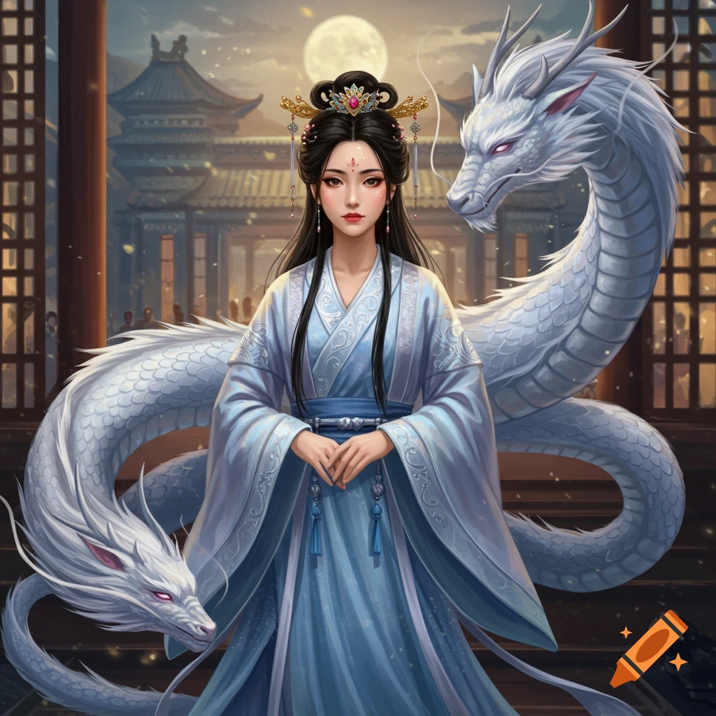 A woman in traditional blue Chinese attire with a white dragon, against a backdrop of ancient Chinese architecture and a full moon.