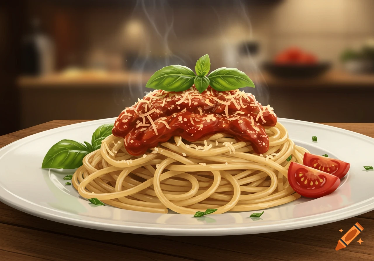Illustrated steaming plate of spaghetti with red sauce, grated cheese, basil, and tomato wedges on a white plate.