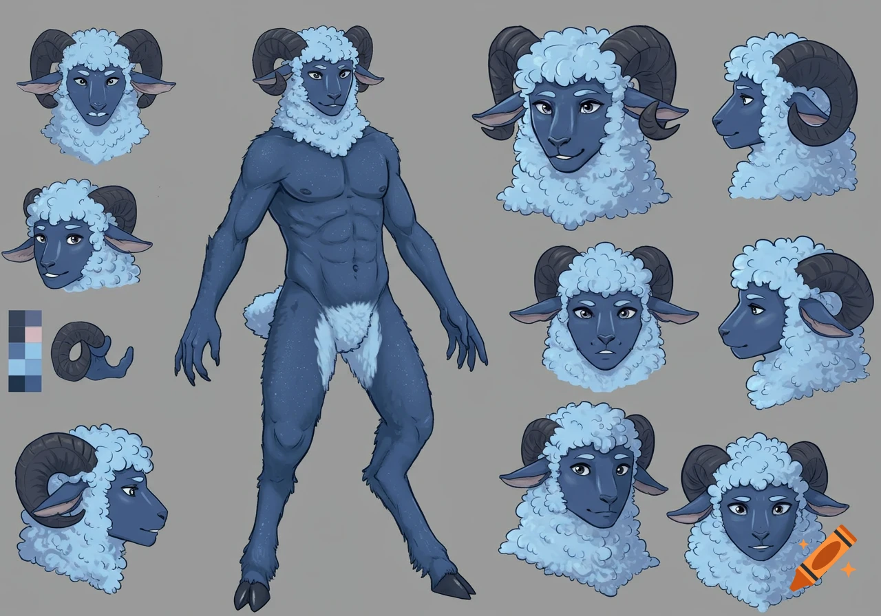 A reference sheet of a blue anthropomorphic sheep character with dark blue skin, light blue wool, and black horns, shown in full body and multiple headshots, with a color palette.