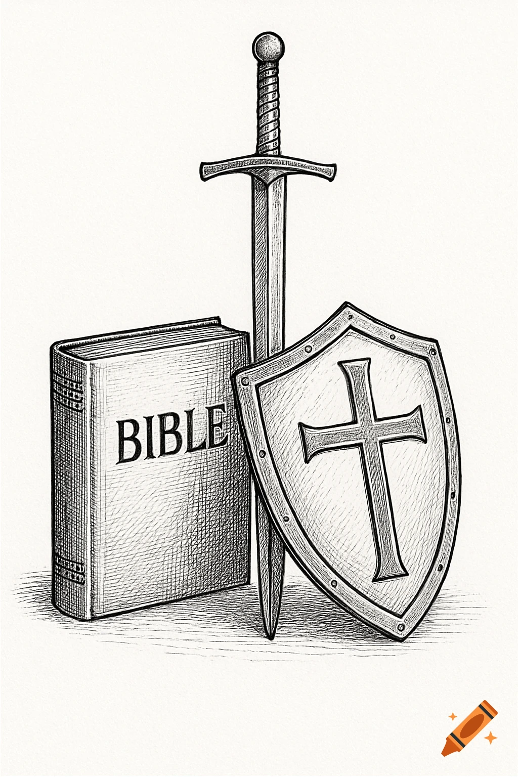 Pencil sketch of an upright Bible, a sword, and a shield with a cross on a white background.