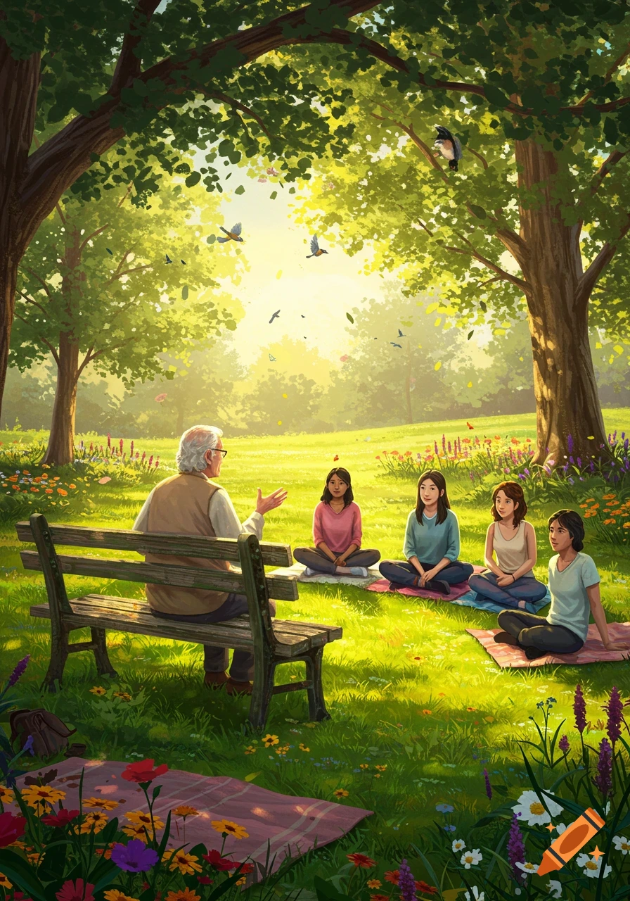 An old man on a park bench speaks to four young women sitting on blankets in a lush, sunny park with trees, grass, and wildflowers.