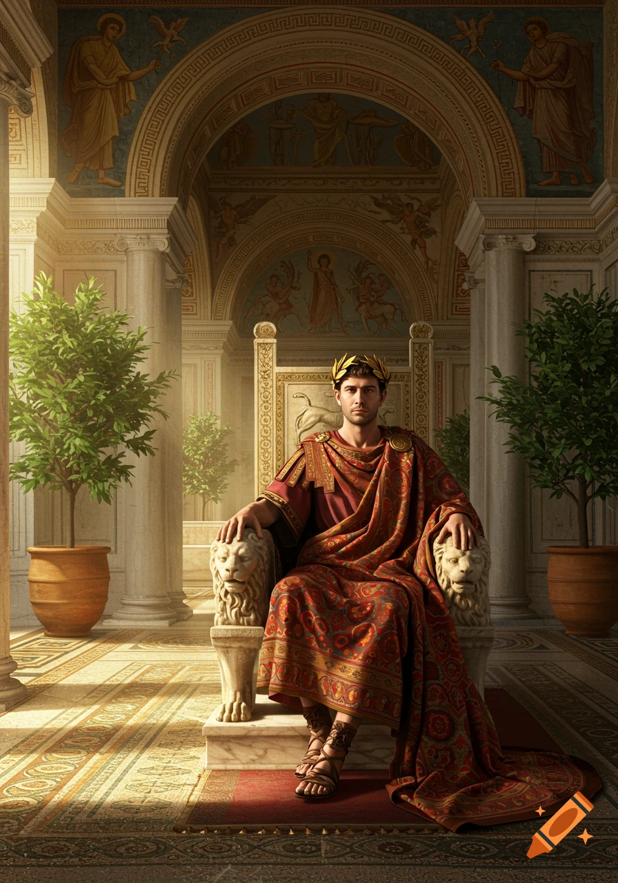 A photorealistic depiction of a Roman emperor in a laurel crown and toga, seated on a lion-adorned throne in a grand columned hall.