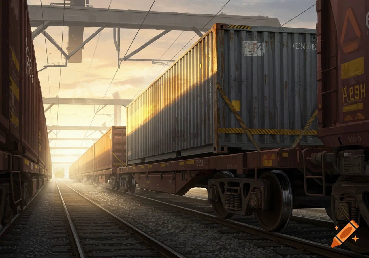 A stylized painting of cargo trains with shipping containers on railway tracks, bathed in golden sunset light under an industrial structure.