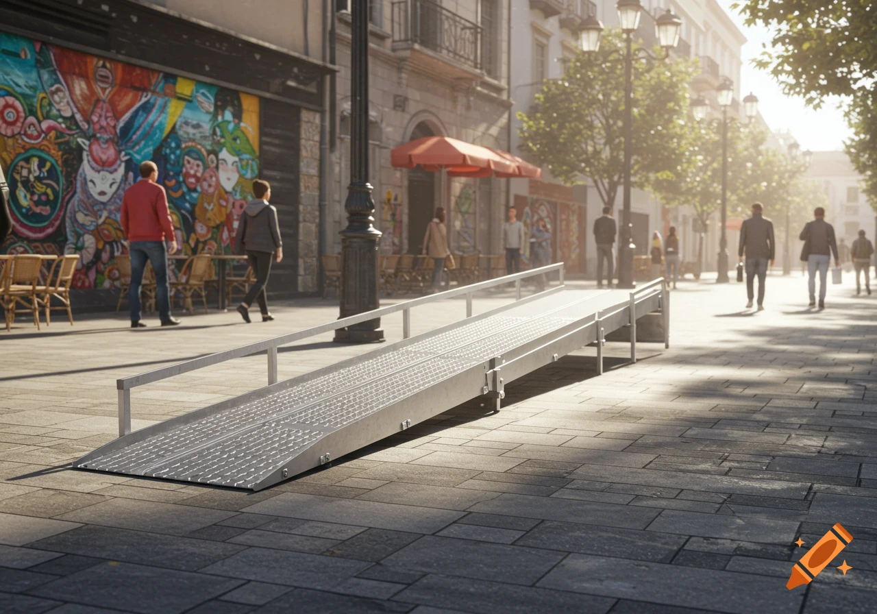 A photorealistic image of a removable ramp on a city sidewalk, with people walking in the background and a colorful mural on a building.