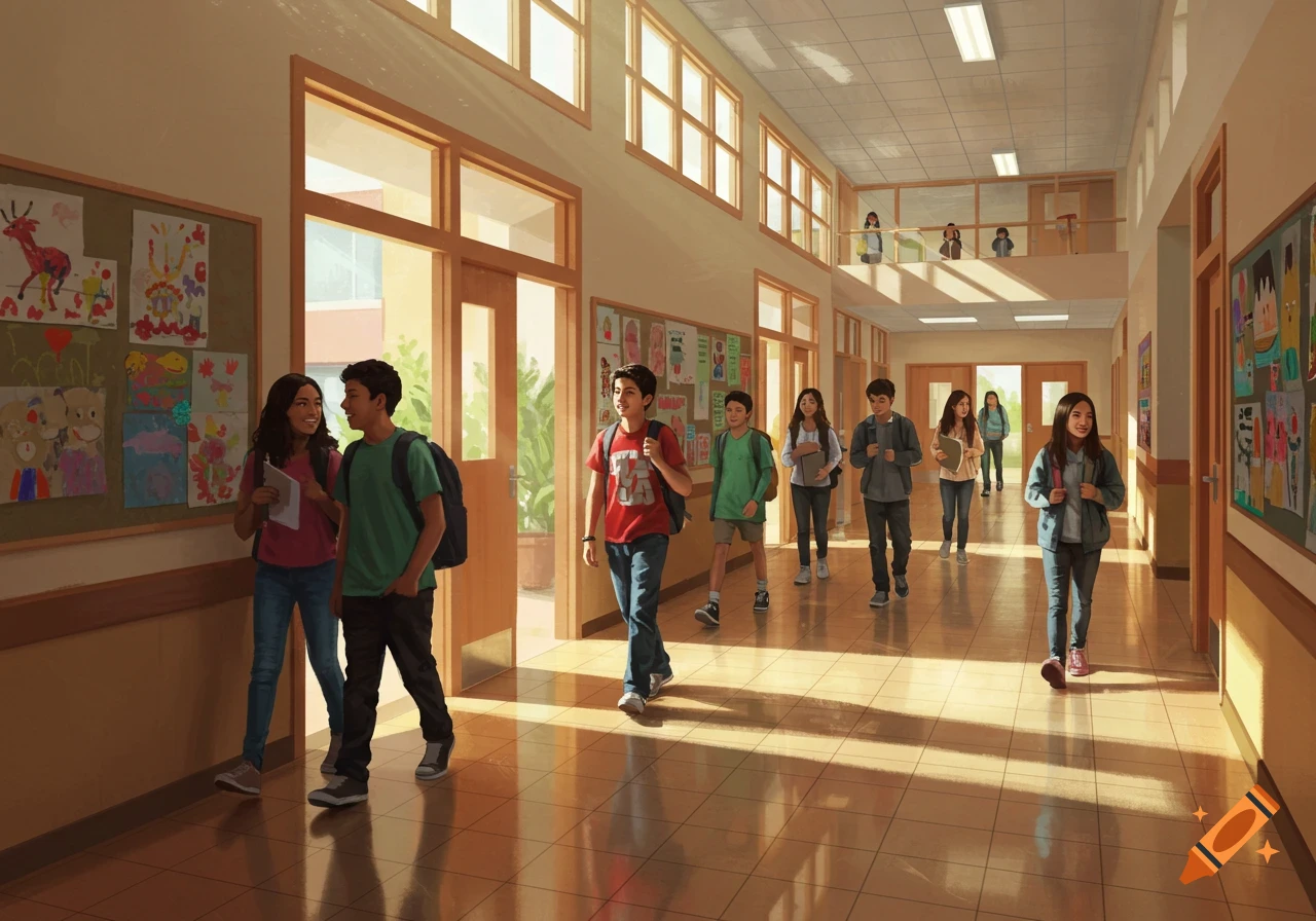 Students walk through a sunlit school hallway with bulletin boards displaying children's artwork.
