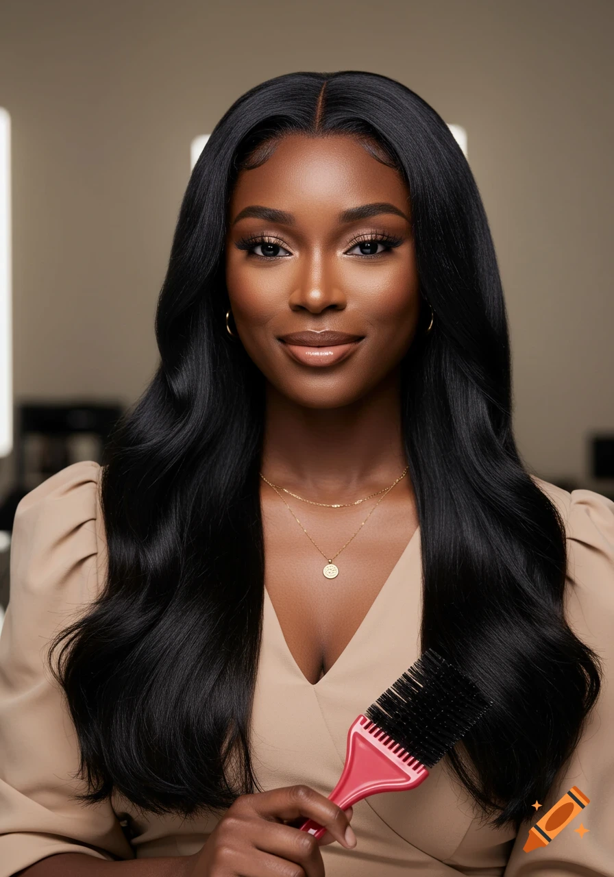 Beautiful Black woman smiling, with long dark wavy hair, wearing a beige blouse and a gold necklace, holding a red hair brush.