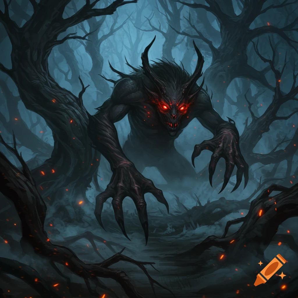 A demonic creature with glowing red eyes and large claws emerges from a dark, misty forest with twisted trees.