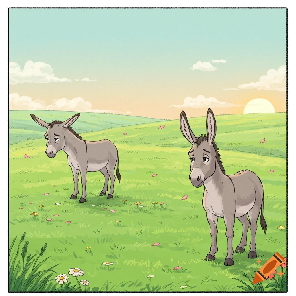 Two sad cartoon donkeys stand in a green field with flowers and pink petals under a sunset sky.
