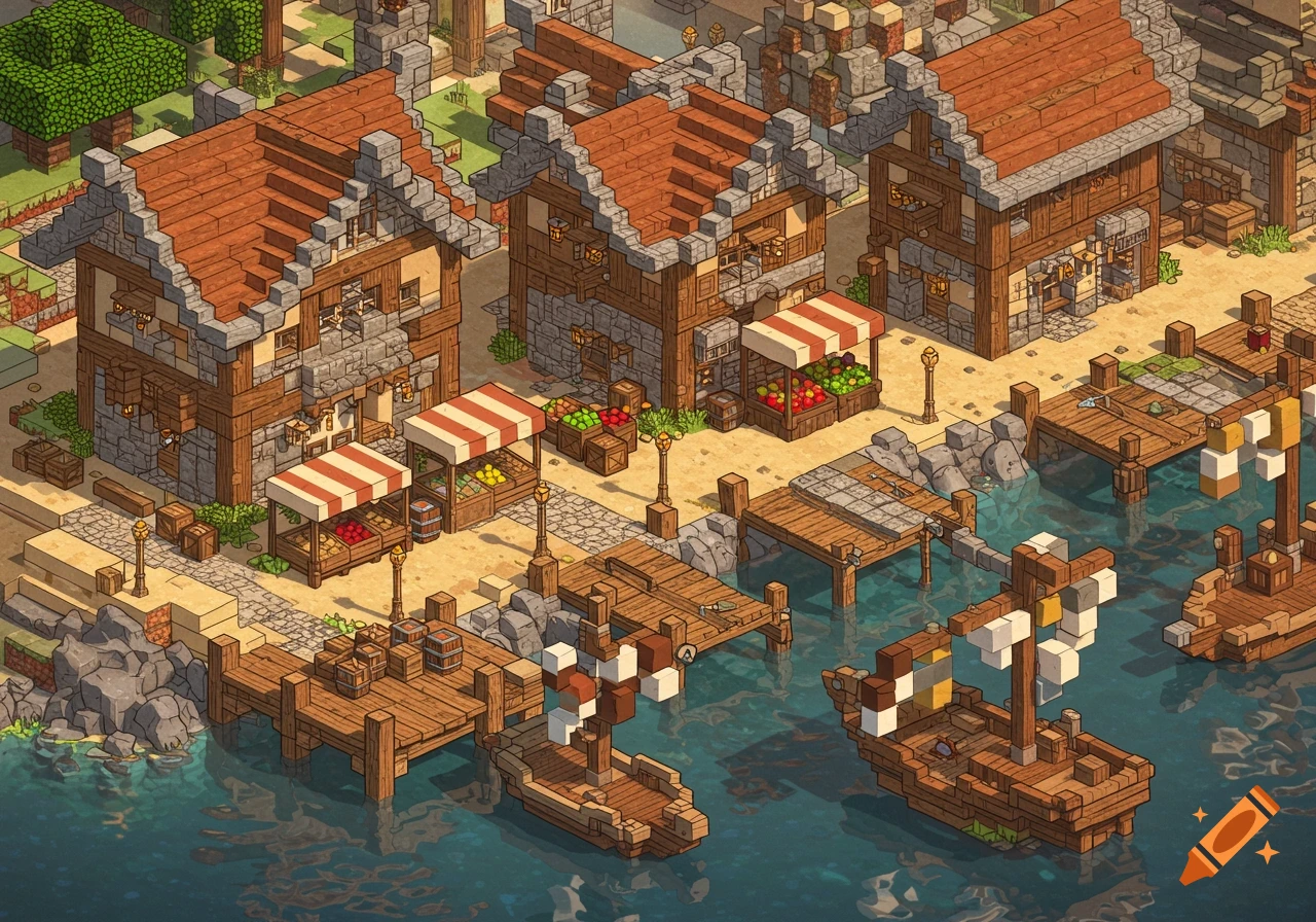 An isometric blocky pixel art rendering of a European port town with timber-framed buildings, market stalls, docks, and small boats on the water.