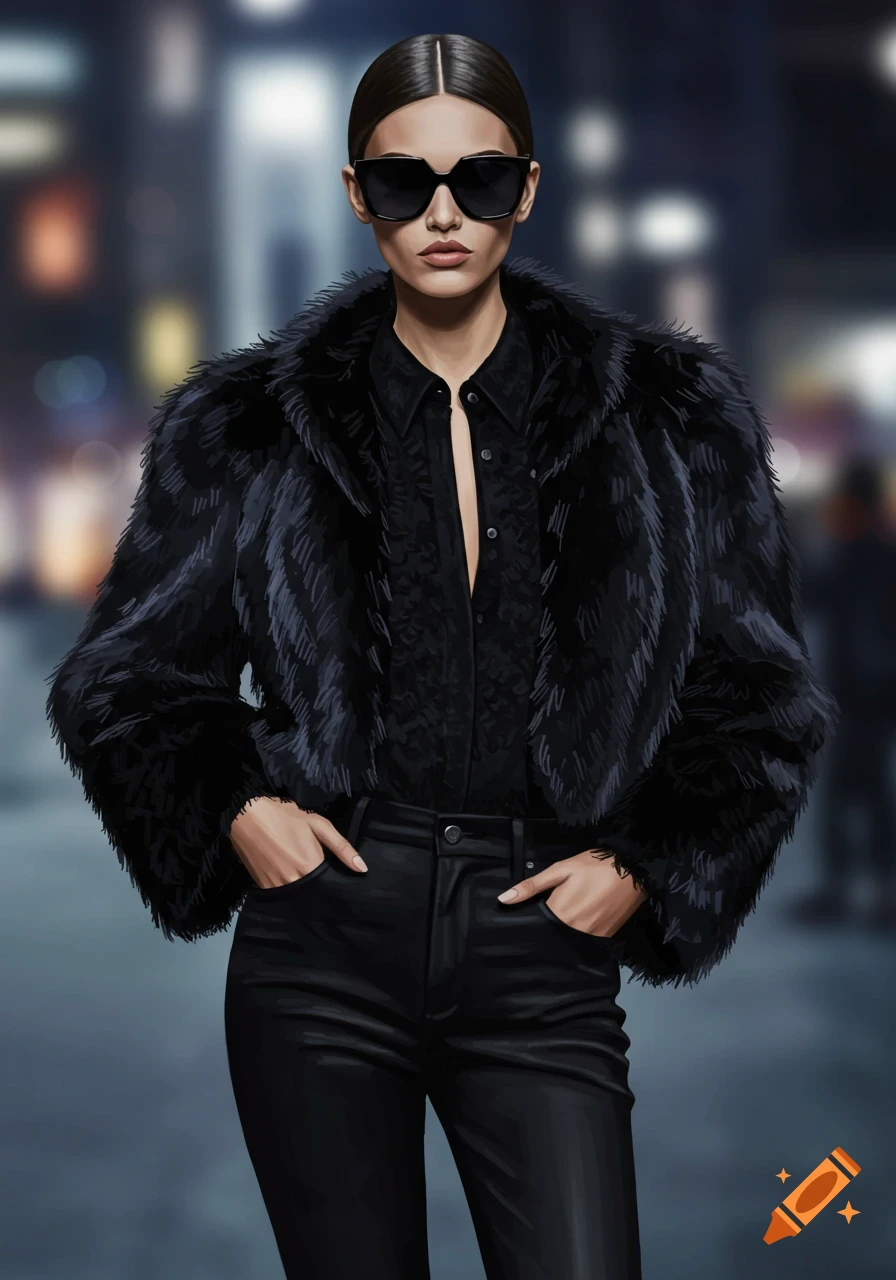 An illustration of a woman in a black fur coat, black shirt, and black leather pants, wearing sunglasses, standing in a blurry city street at night.