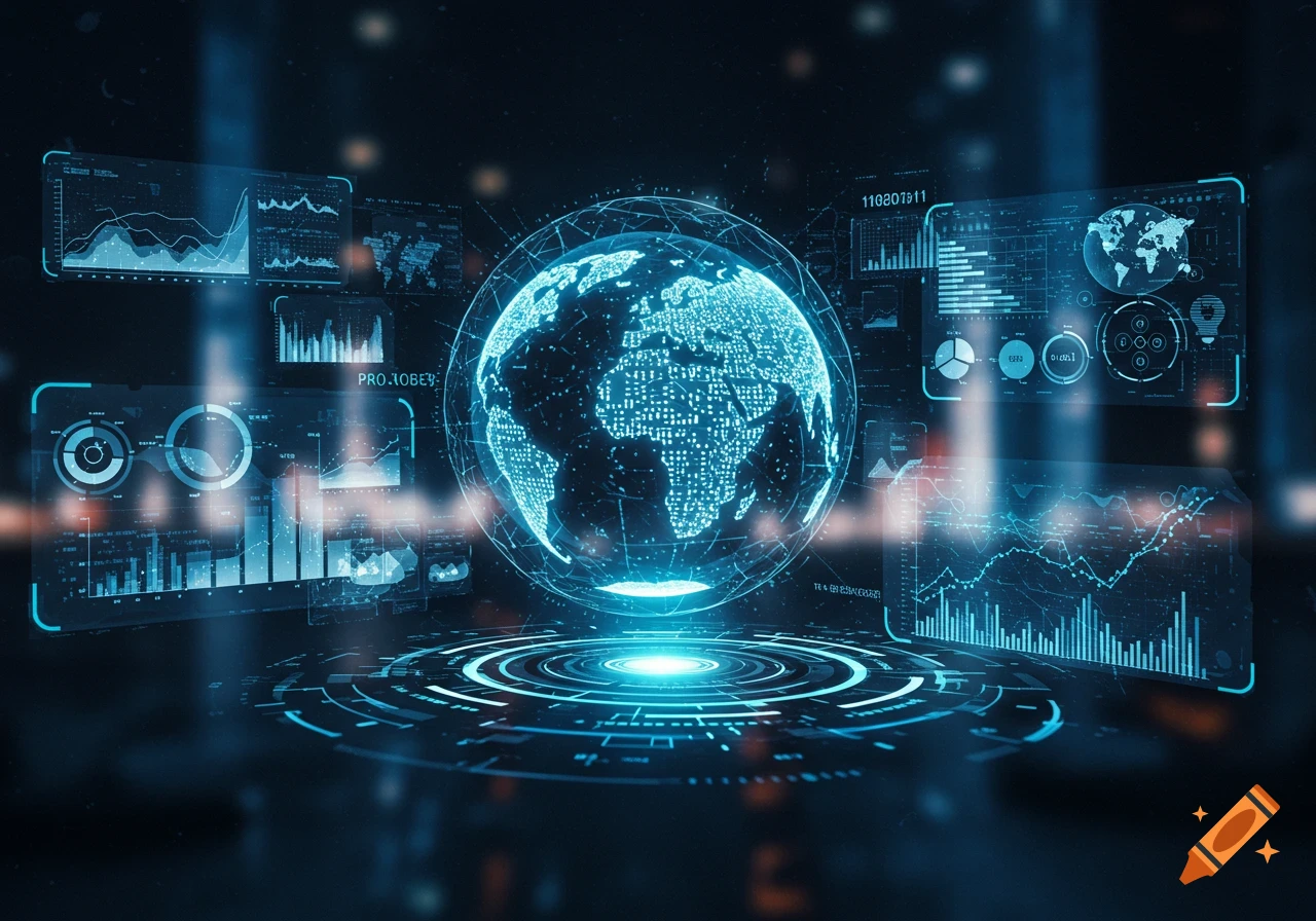 A glowing blue digital globe surrounded by interactive holographic data screens and interfaces on a dark background.