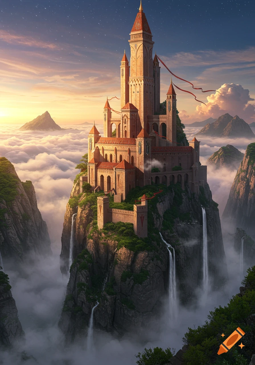A majestic fantasy castle with red banners perched on a jagged mountain peak, surrounded by clouds and waterfalls at a colorful sunset.