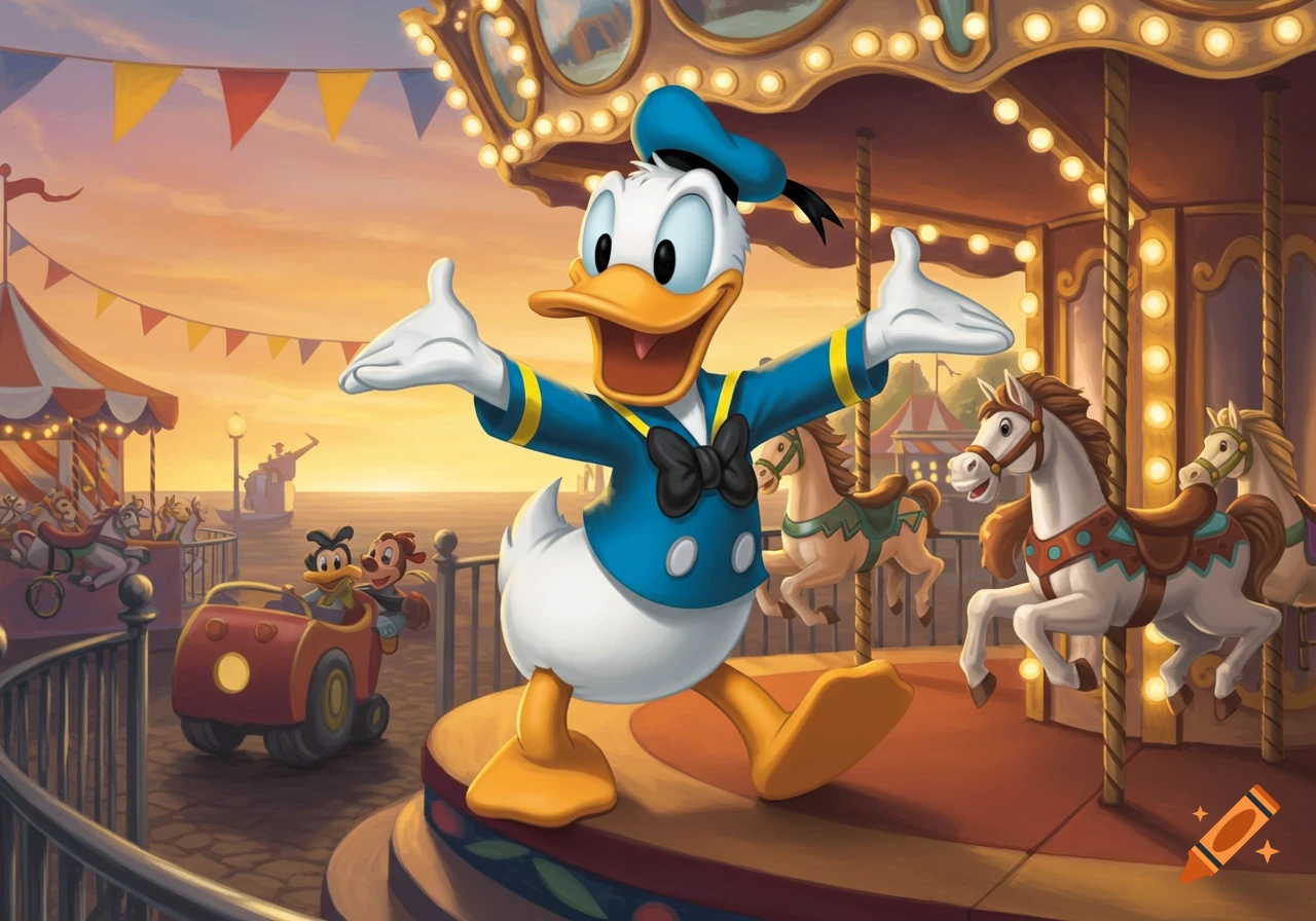 Donald Duck poses happily at a vibrant carnival with a carousel and fair tents at sunset.