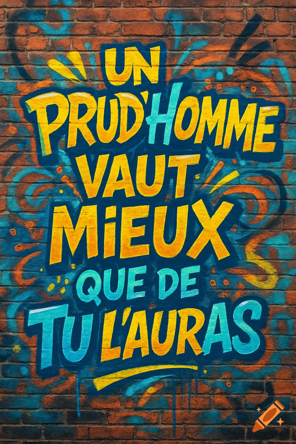 Colorful graffiti art on a brick wall featuring the French phrase 'Un Prud'homme vaut mieux que de tu l'auras' in a bold, tag-style font.