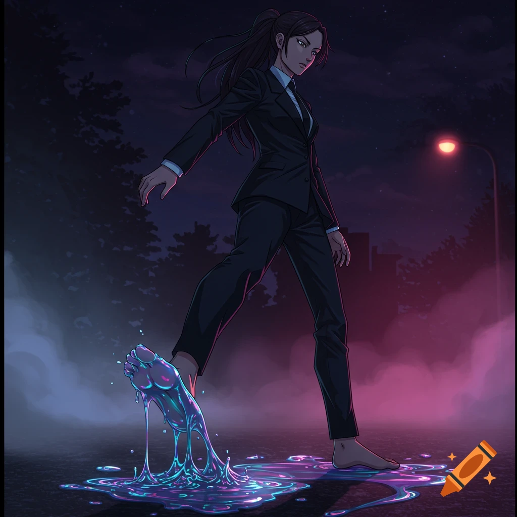 Anime woman in a black suit with a ponytail stepping barefoot into glowing, colorful goo on a dark street at night.