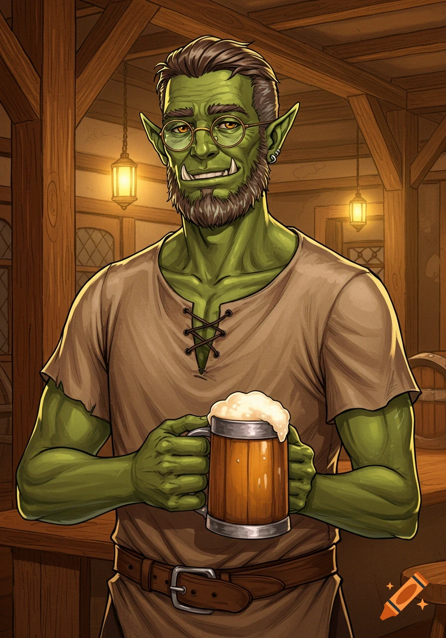 A manga-style illustration of a green-skinned, grey-bearded half-orc man with spectacles smiling in a warm tavern, holding a wooden mug of ale.