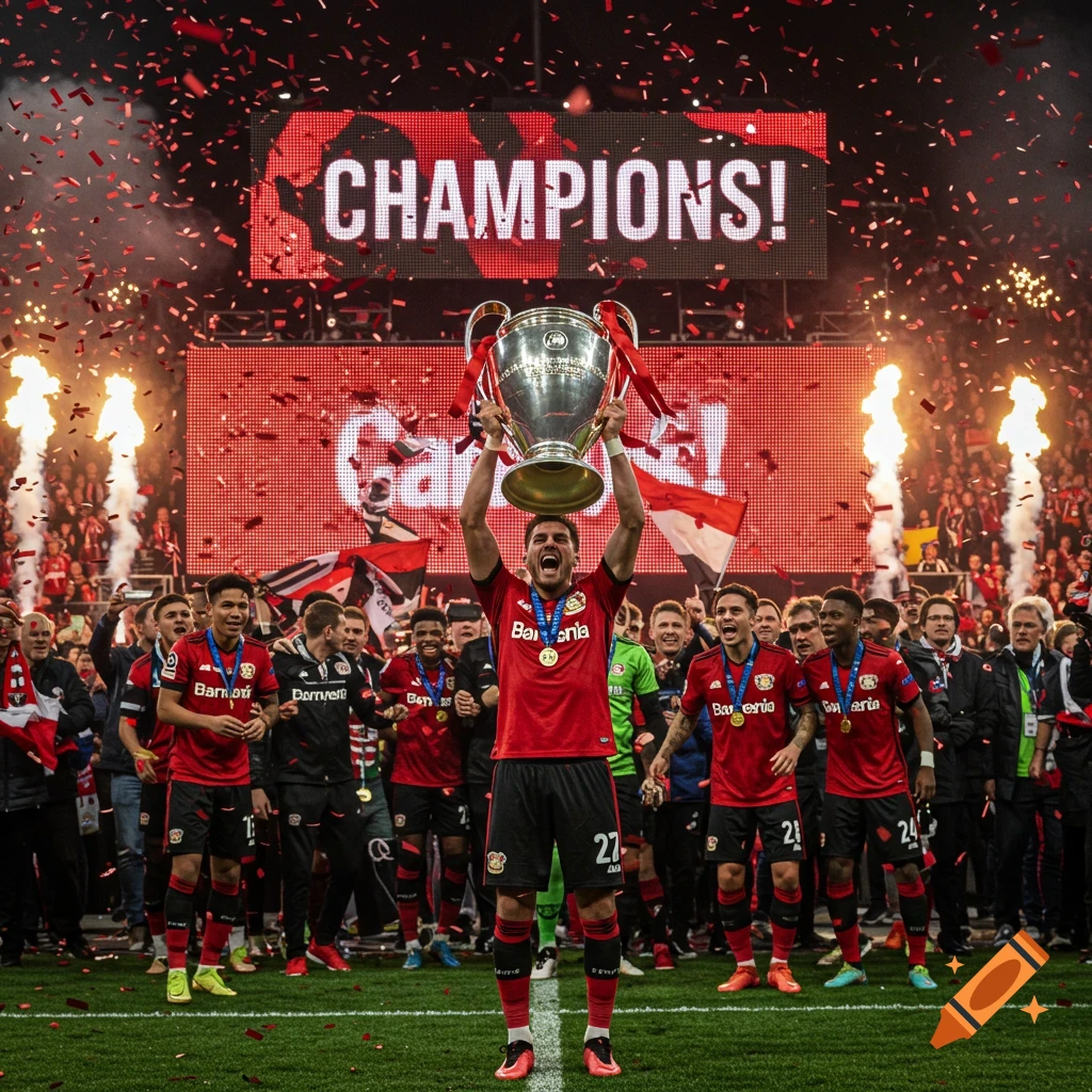 Photorealistic image of soccer players in red jerseys celebrating a championship on a field, holding a large trophy under confetti.