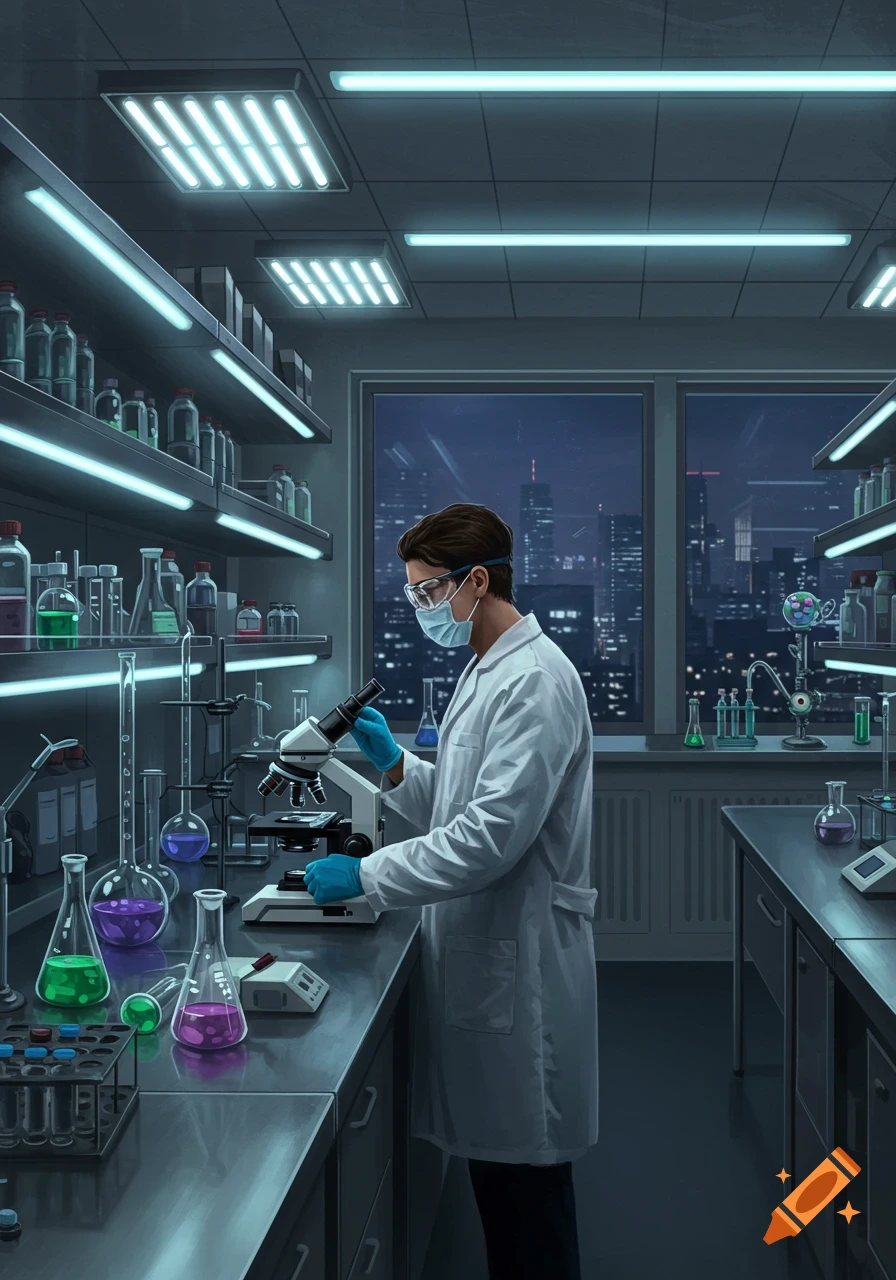A person in a white lab coat, safety goggles, and gloves looks into a microscope in a well-lit laboratory with various beakers and equipment, with a city skyline visible through a window at night.