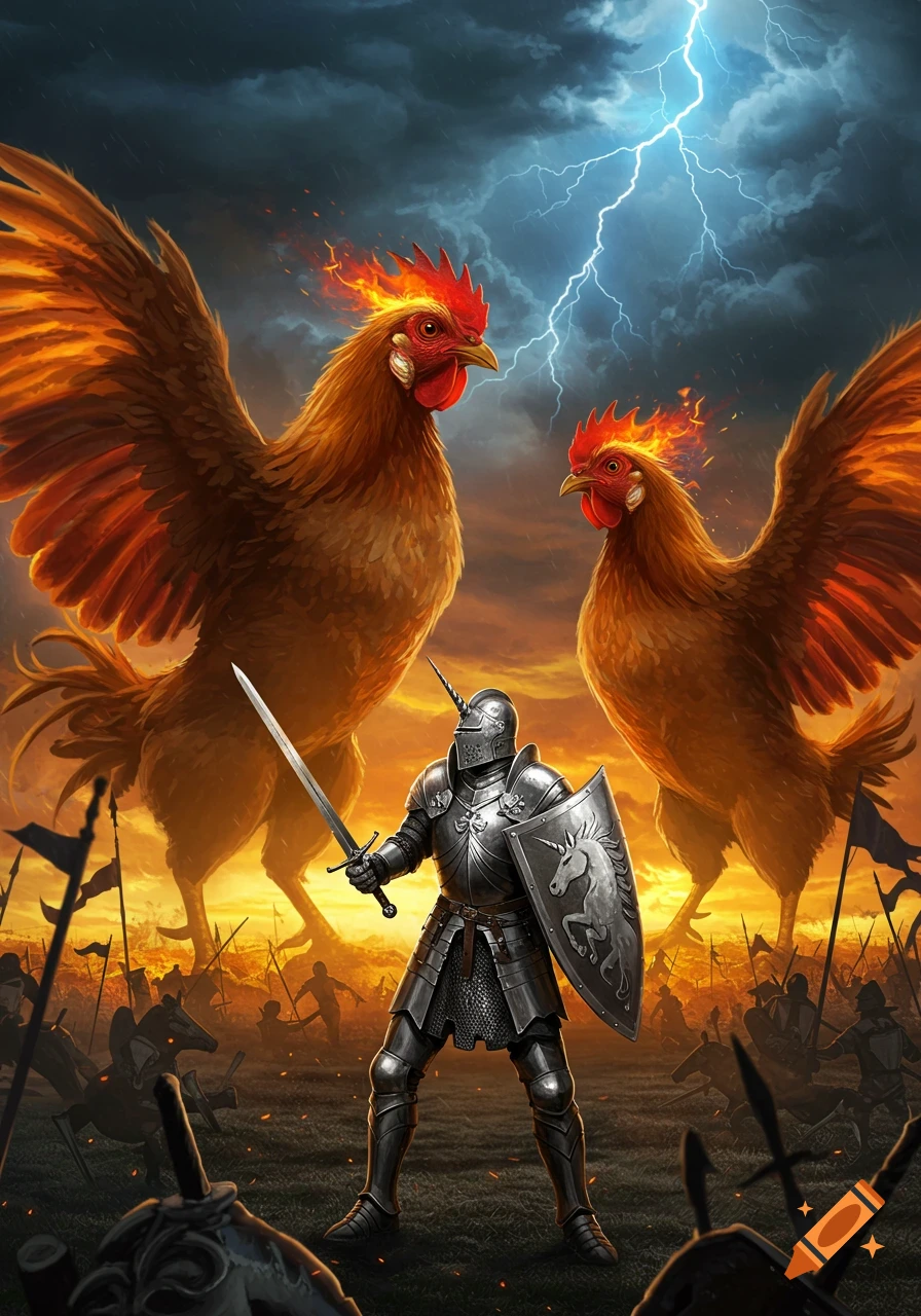 A knight with a unicorn shield battles two fiery giant chickens under a stormy, lightning-filled sky, with a battlefield below.
