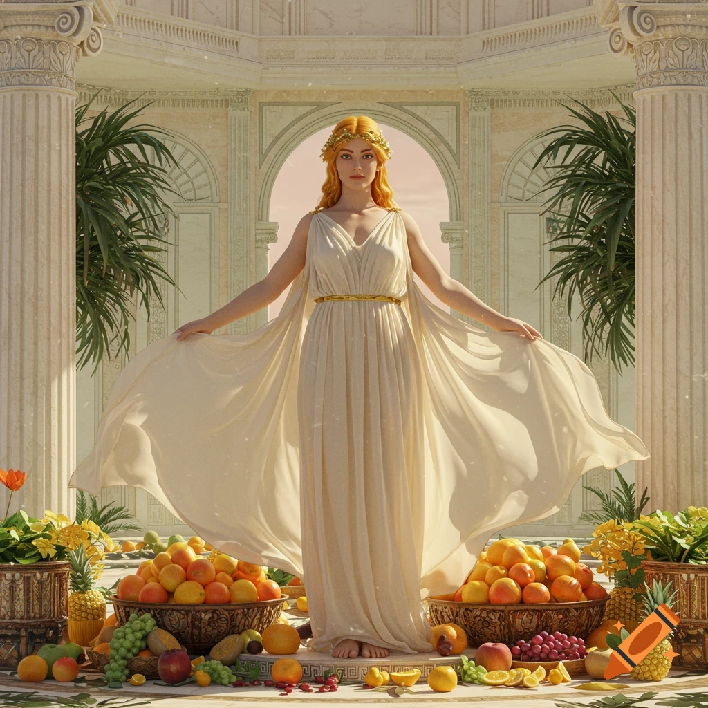 A woman in a flowing gown and golden headpiece stands among classical columns and abundant fruit displays.
