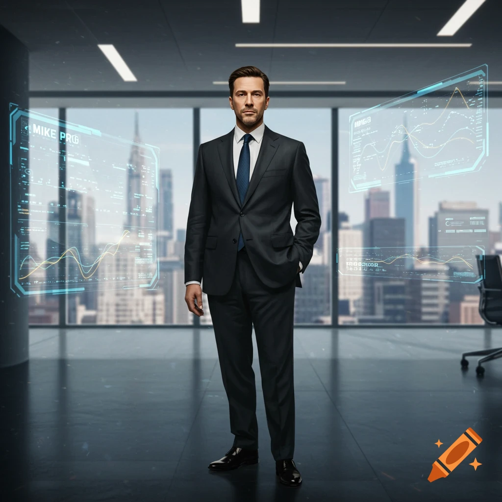 A man in a suit stands in a modern office with holographic screens displaying data and a city skyline in the background.
