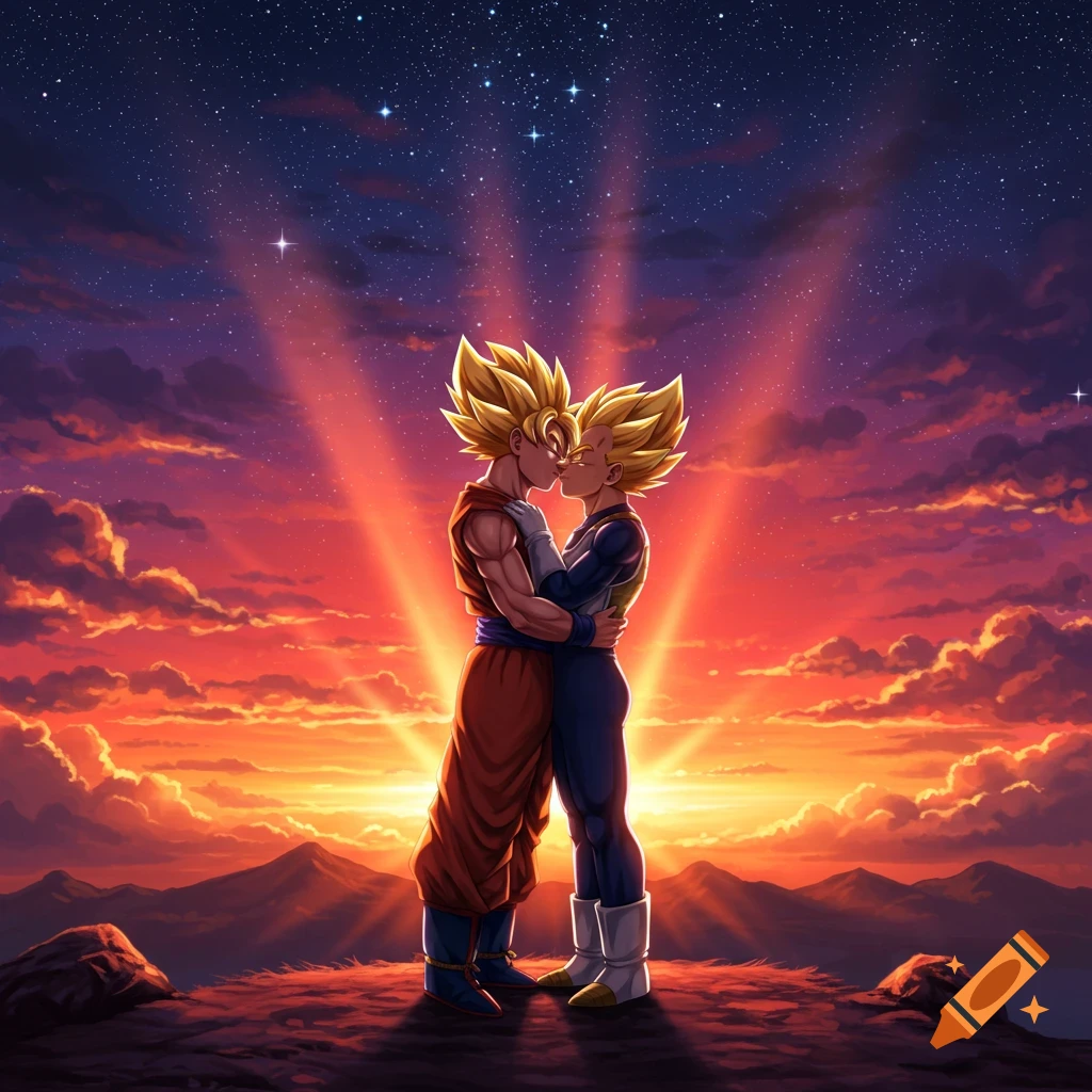 Goku and Vegeta from Dragon Ball kissing on a mountain at sunset under a starry sky, anime style.