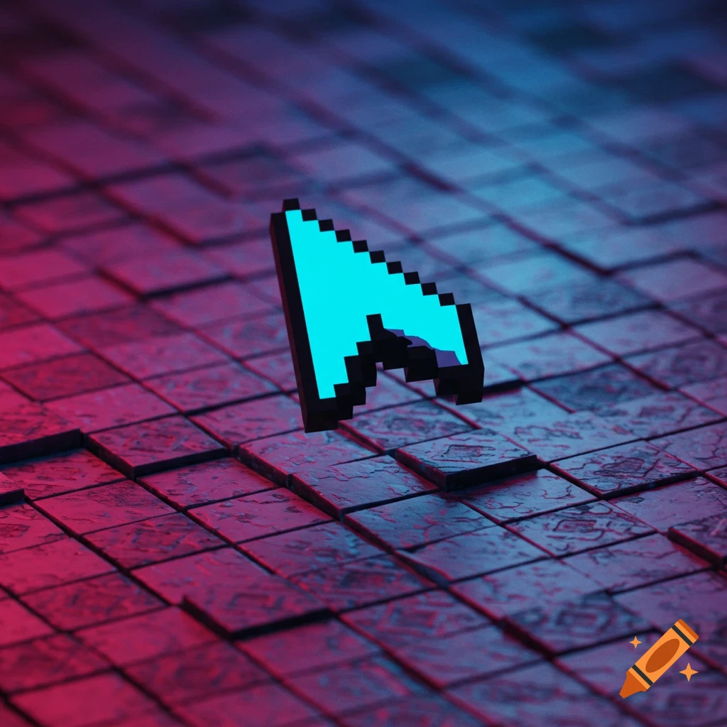 A neon blue pixel art cursor hovers over a dark, textured tiled surface with red and blue lighting.