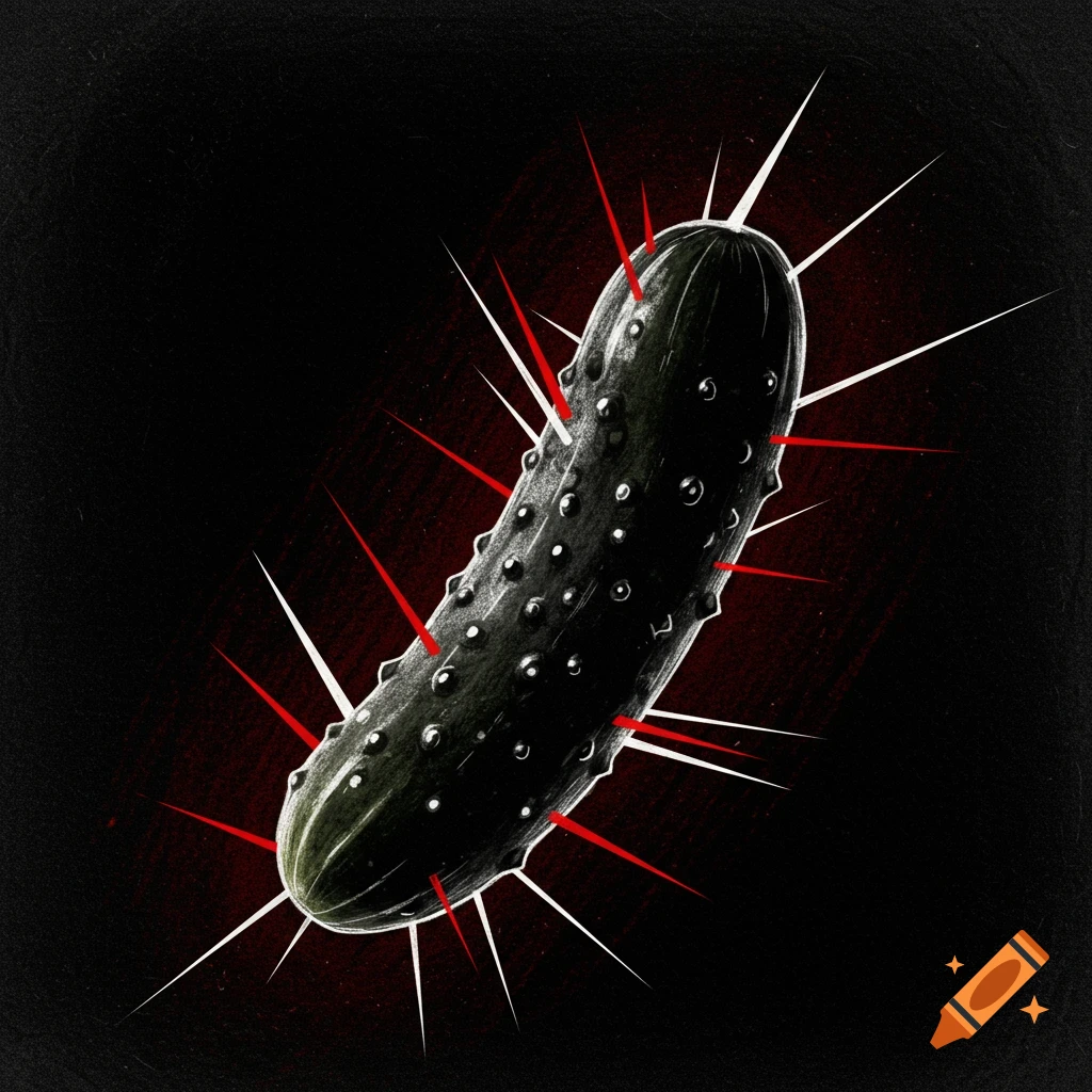 A dark green, bumpy pickle with sharp red and white spikes, in a ragged pencil drawing style on a black, textured background.