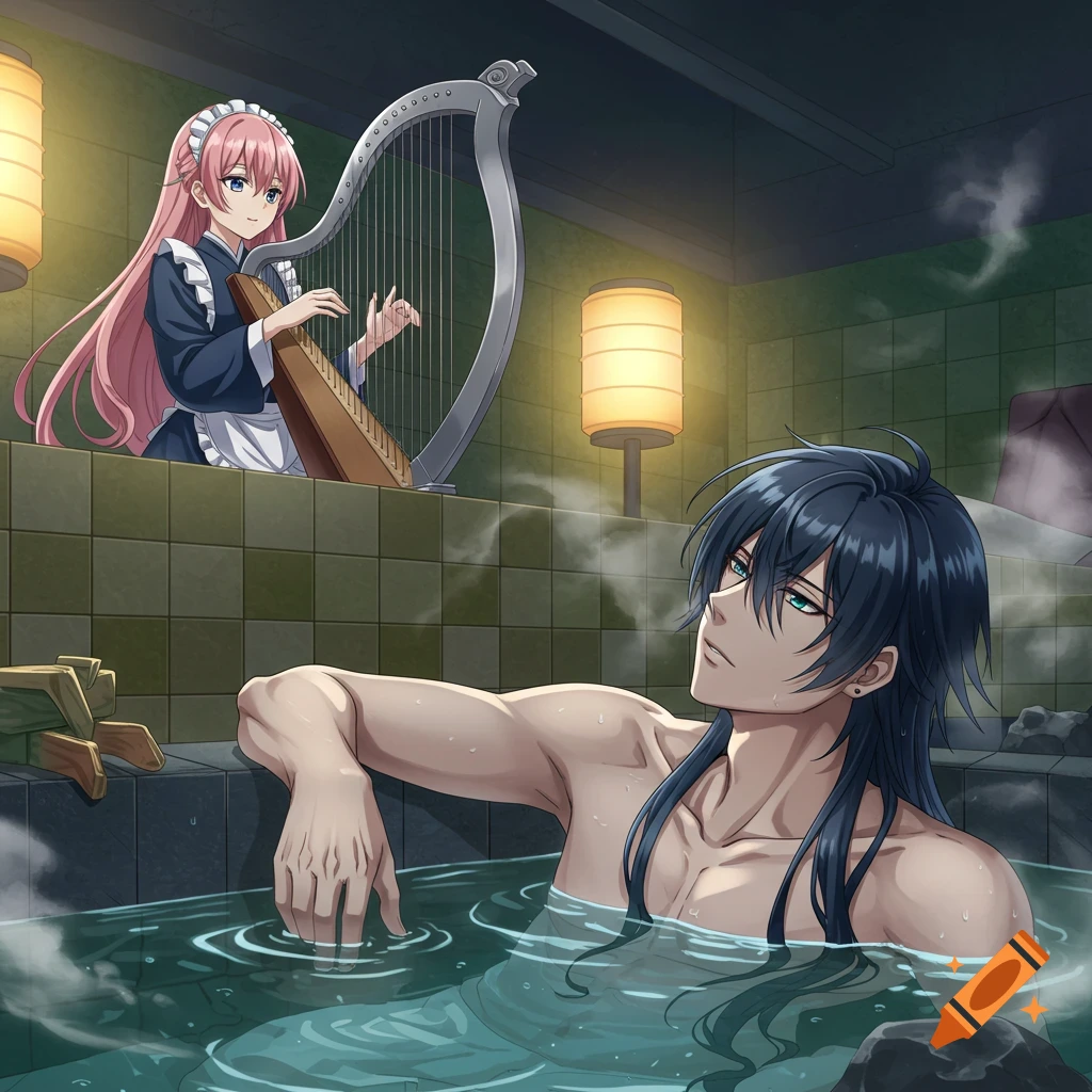 An anime man with dark hair relaxes in a steaming onsen as a pink-haired maid plays a silver harp in the background.