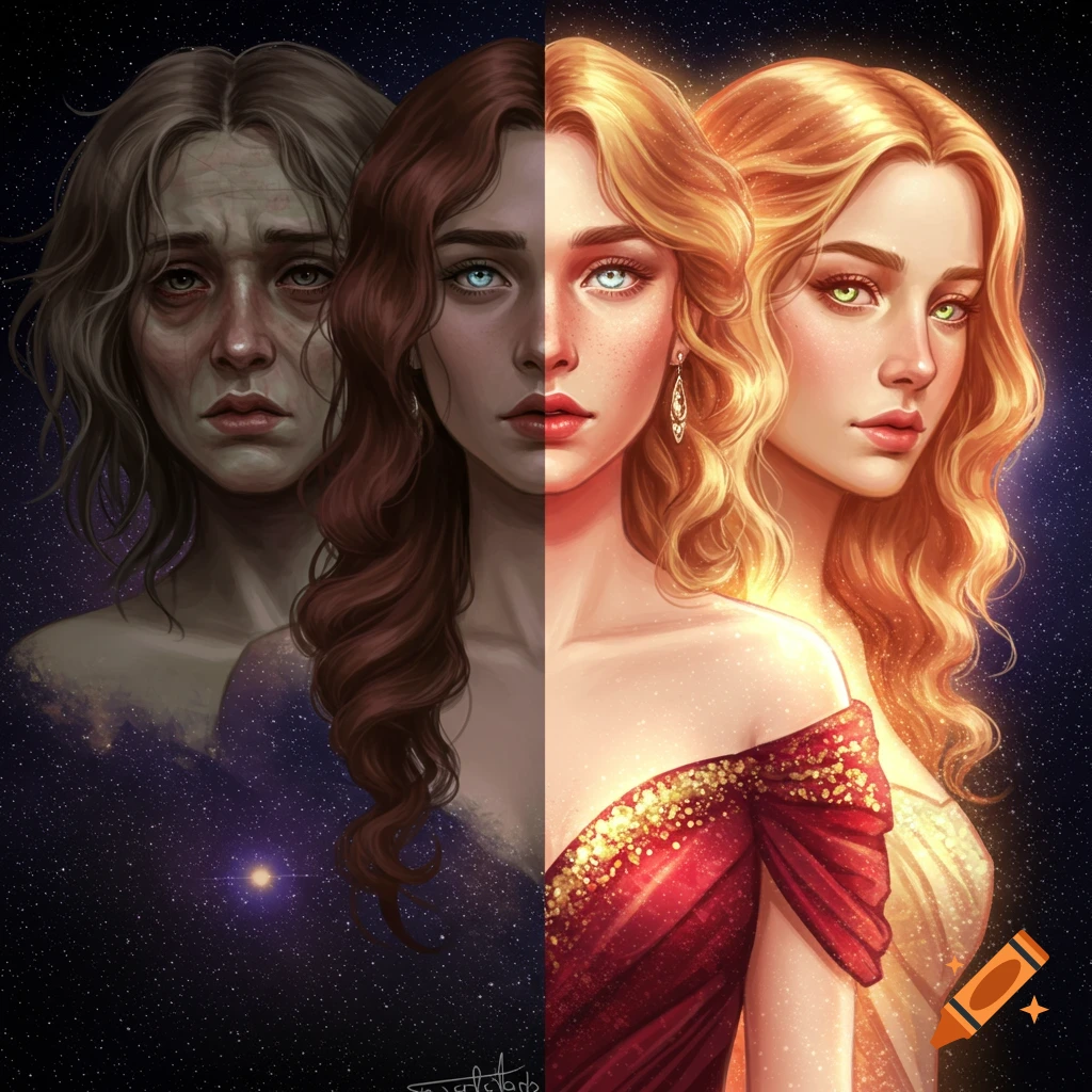 A multi-panel digital painting showing a woman transforming from a weary, aged state to a radiant, youthful goddess against a starry sky.