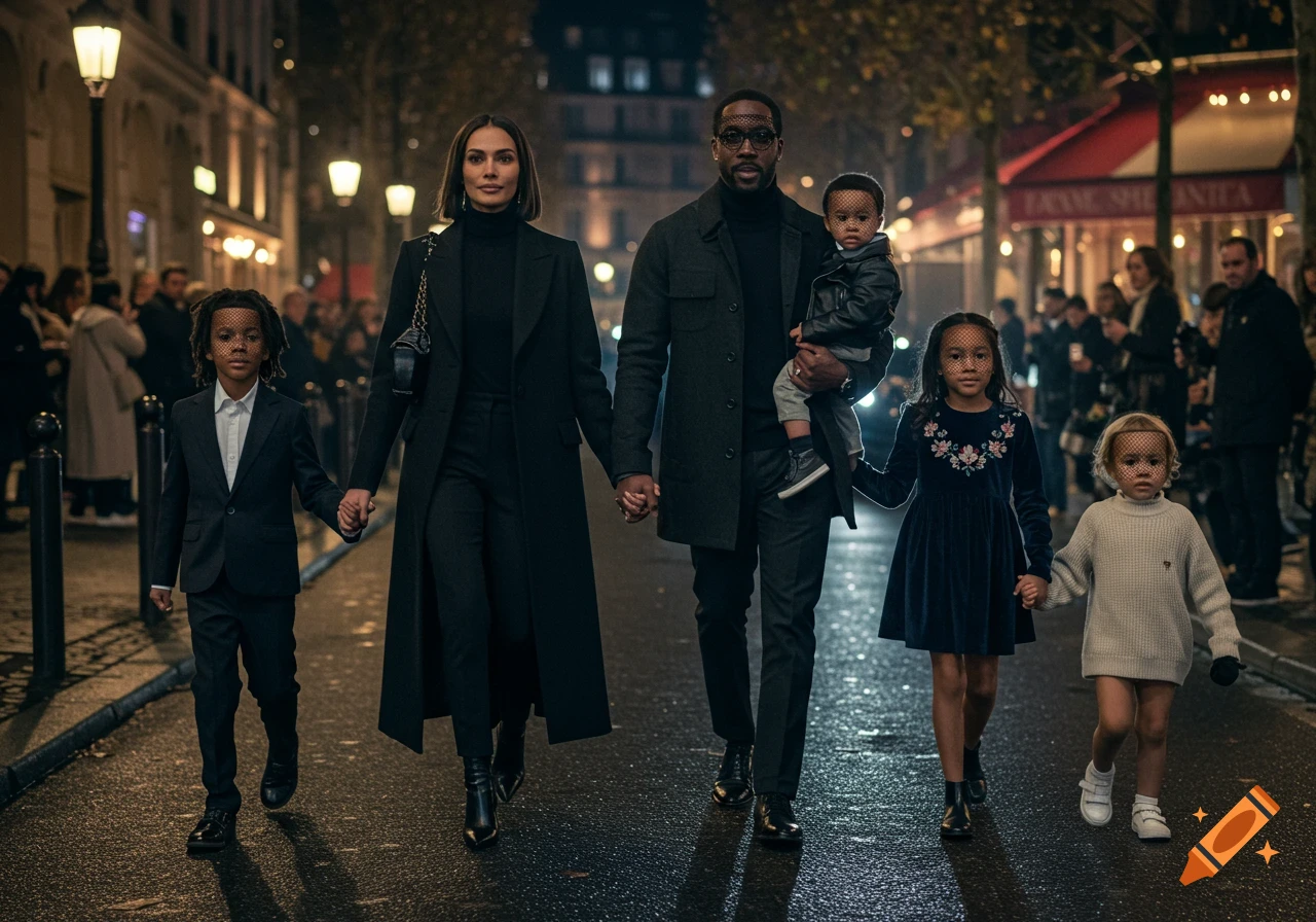 An elegantly dressed family with facial veils walks along a wet street in Paris at night, with streetlights and buildings in the background.