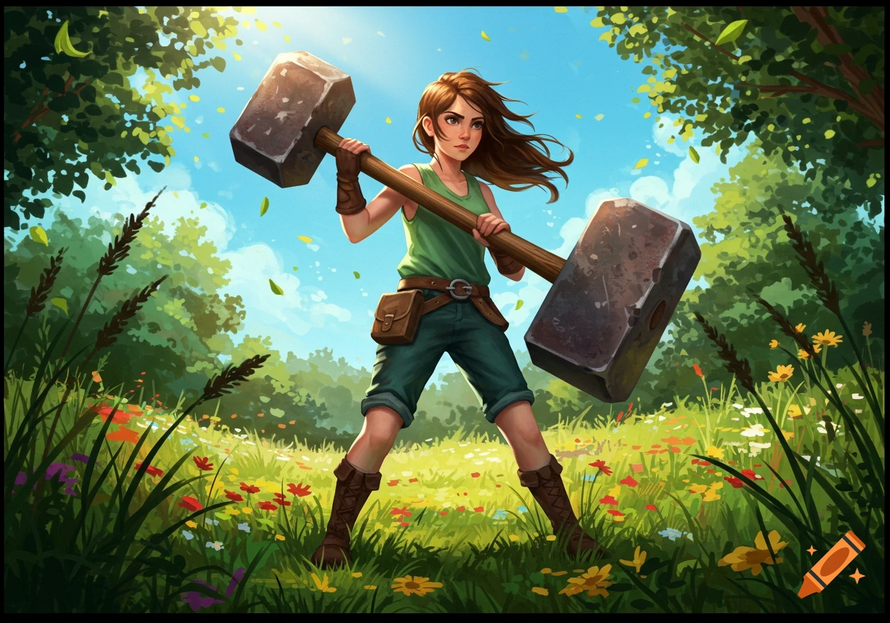 An illustrated fantasy image of a girl with a giant hammer standing in a sunny field of wildflowers.
