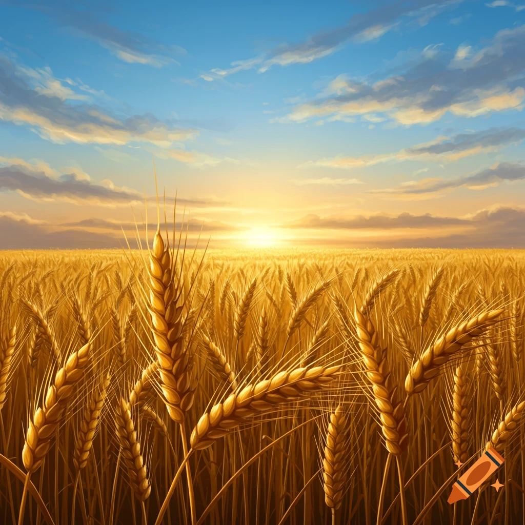 Golden wheat field stretching to the horizon under a blue sky with soft clouds and a bright sunset, digital painting.