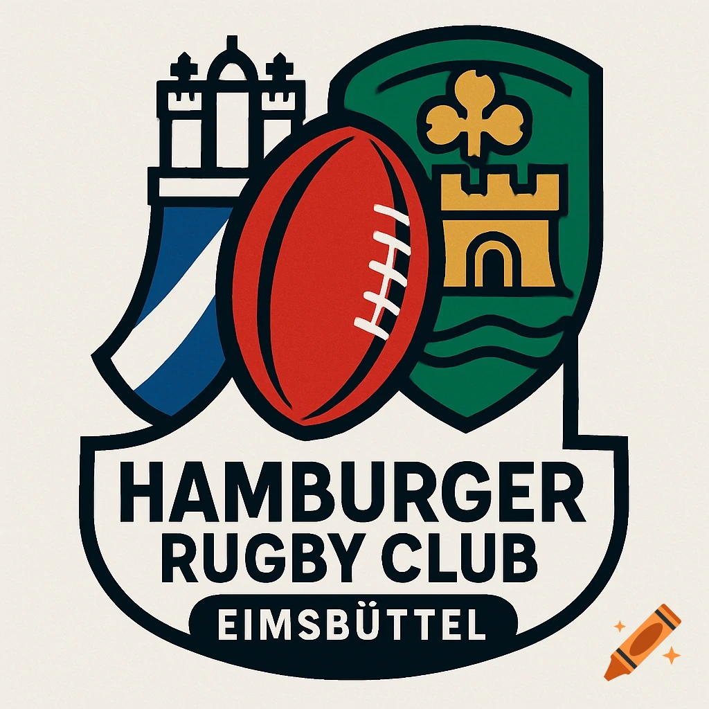 A graphic logo for Hamburger Rugby Club Eimsbüttel featuring a red rugby ball, a blue and white flag, and a green shield with a yellow castle and clover.