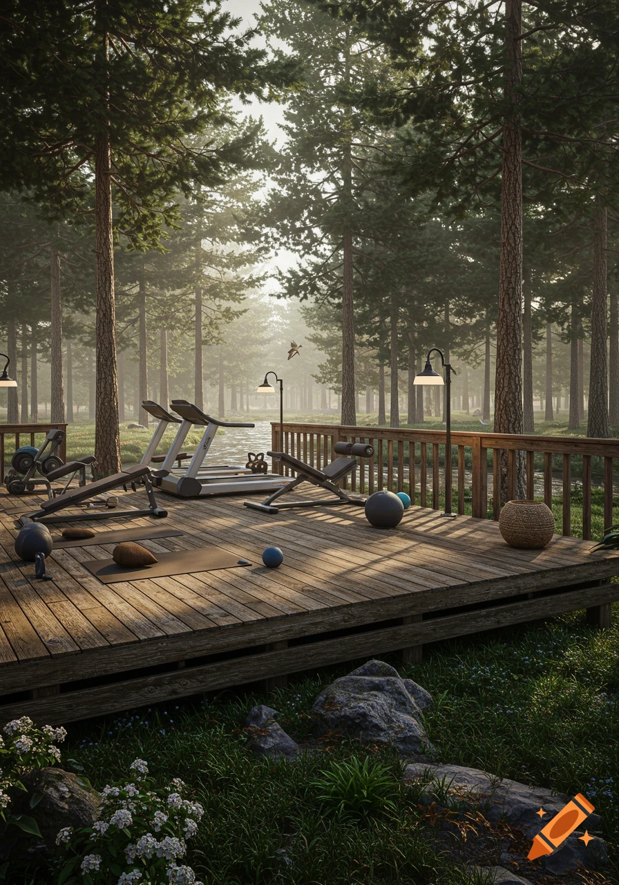 A photorealistic rendering of an outdoor gym with treadmills and weights on a wooden deck in a lush, misty pine forest.