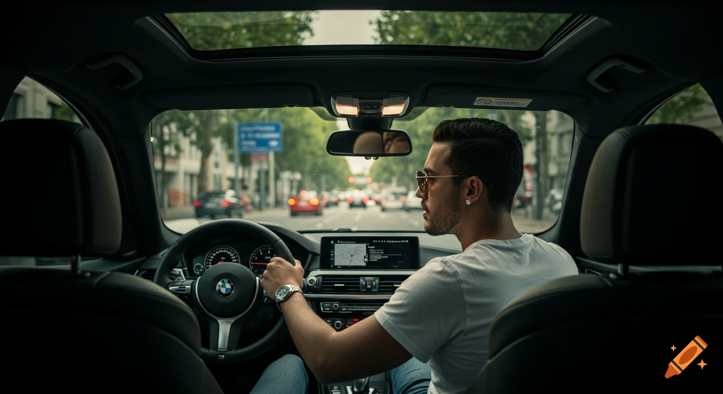 A stylish man in sunglasses and a white t-shirt drives a luxury BMW with a panoramic sunroof, viewed from behind his shoulder on an urban street.