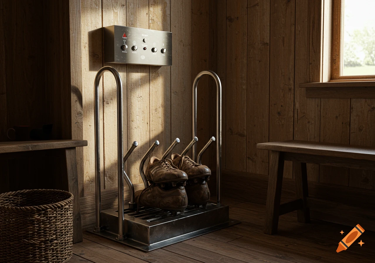 A metal boot dryer holds two pairs of muddy rugby boots in a rustic wooden room with a control panel and window.