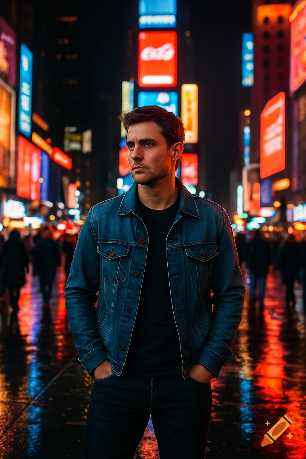 A photorealistic man in a denim jacket stands in Times Square at night, surrounded by bright, colorful billboards and their reflections on the wet ground.