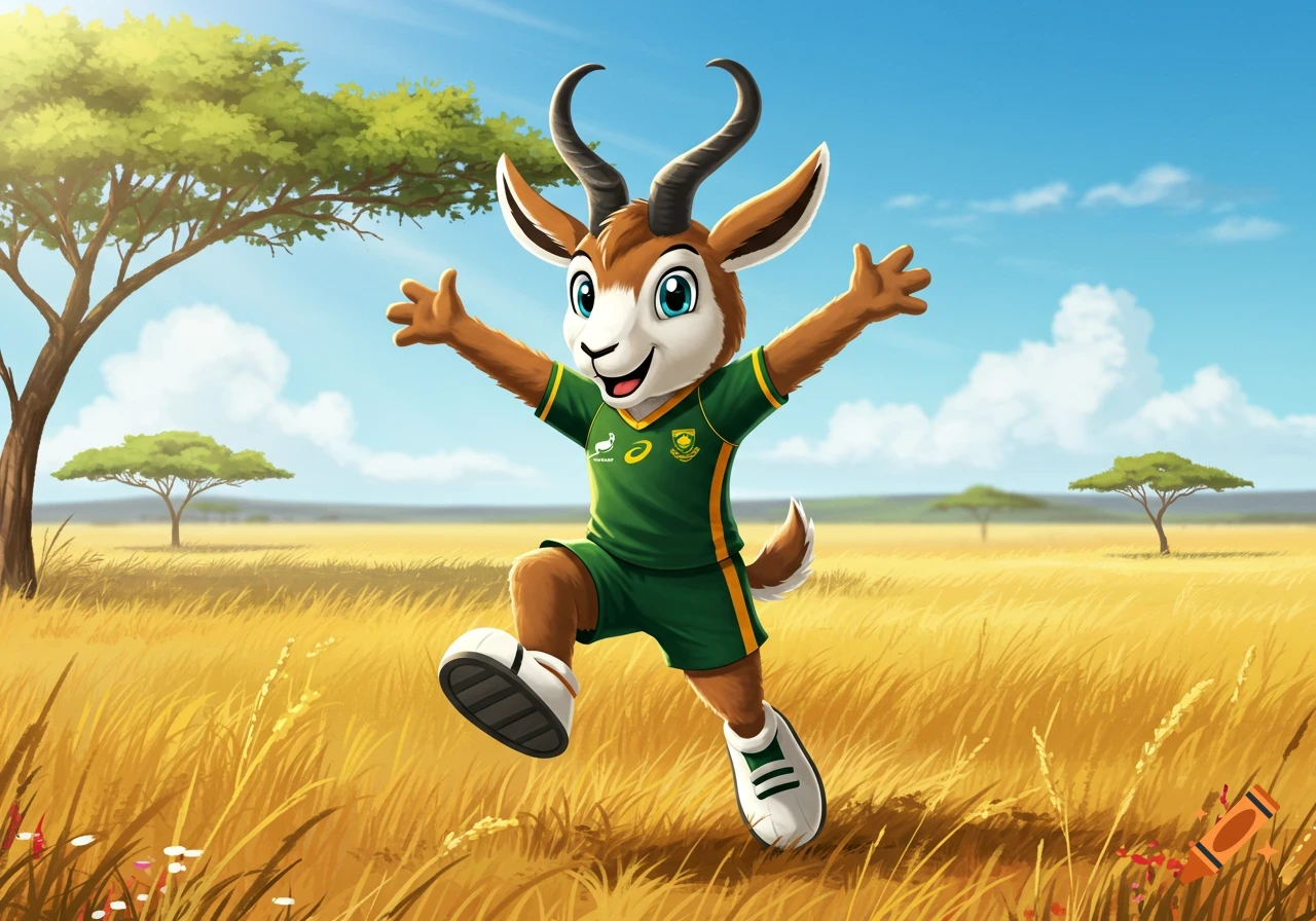A cheerful cartoon springbok mascot in a green and gold rugby uniform leaps in a sunny savanna.