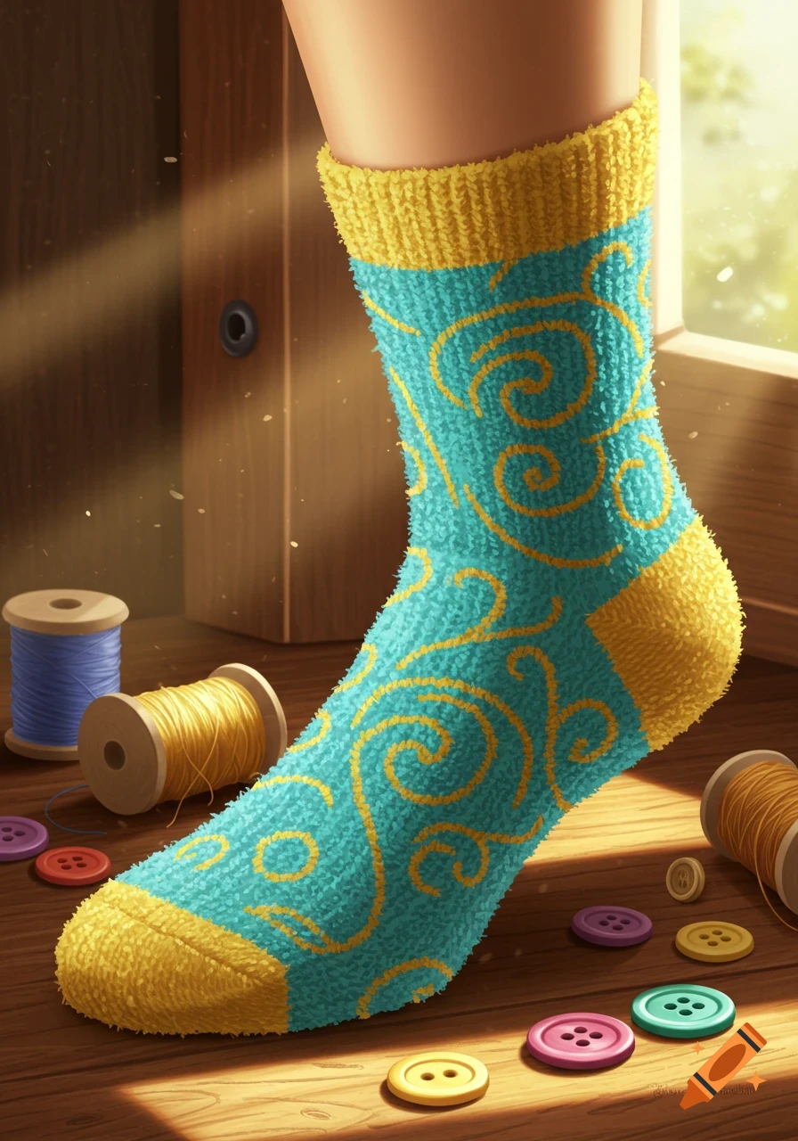 A foot wearing a teal and yellow patterned fuzzy sock stands on a wooden floor among spools of thread and colorful buttons, bathed in sunlight.