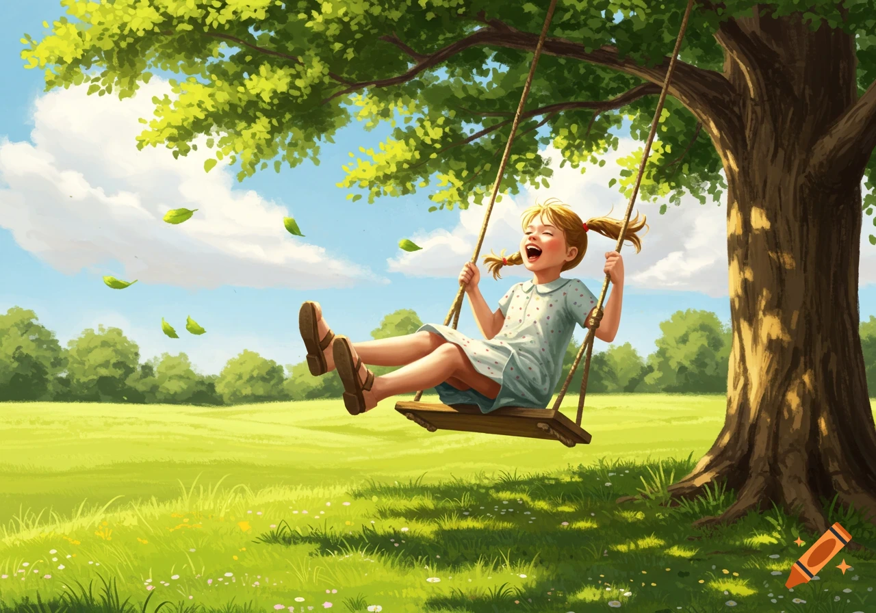 A joyful child with pigtails swings high under a large green tree in a sunny park, illustrated in a cheerful, painterly style.