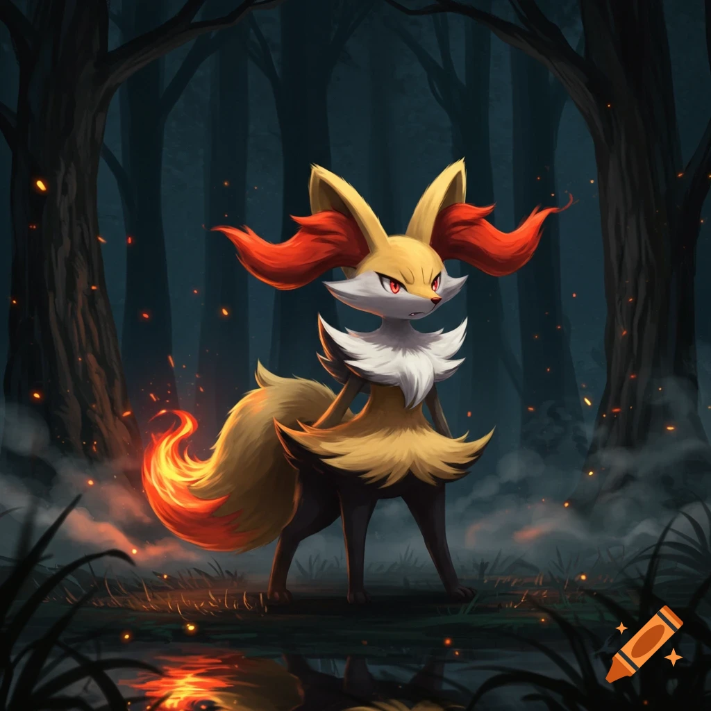 A fierce Braixen Pokémon with fire-like ears and tail stands in a dark, misty forest with glowing embers.