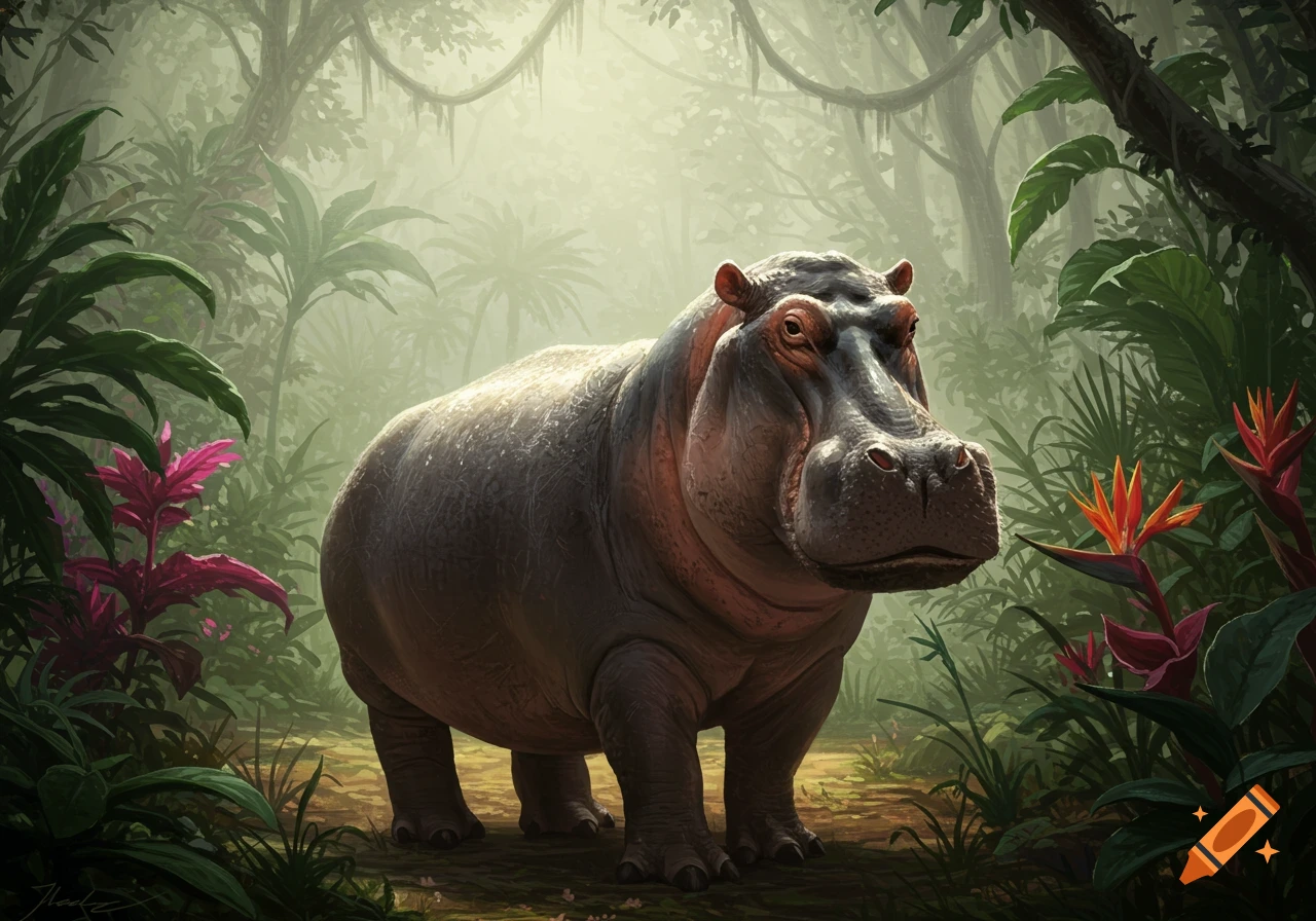 A large hippopotamus stands on a dirt path in a lush, misty jungle with green trees and vibrant red-orange and purple plants.